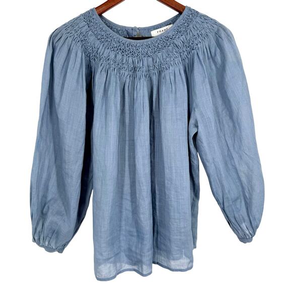 FRAME Tops - FRAME Womens Sz Small Blue Modern Victorian Smocked Blouse Shirt Top